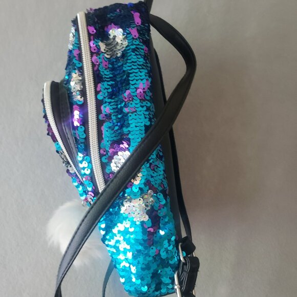 Justice Girls Mini Backpack Blue Purple Silver Color Change Sequin White Pom - Picture 6 of 13
